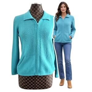 Vintage Peruvian Alpaca Ladies Sweater Jacket S/M Aqua Wool Full Zip Minimalist